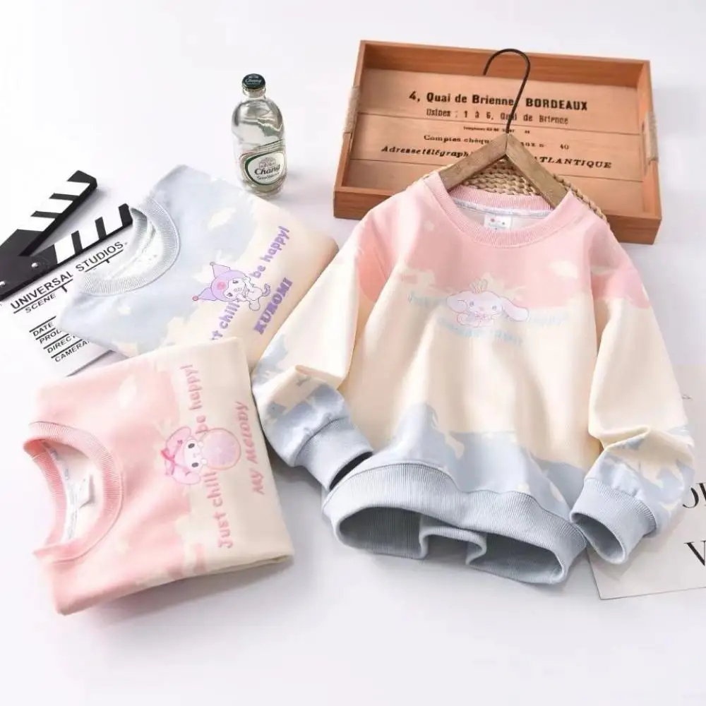 

Детская футболка Sanrio Kuromi, одежда с длинными рукавами, детская нижняя рубашка, свитшот с круглым вырезом для девочек, пуловер с круглым вырезом, блузка