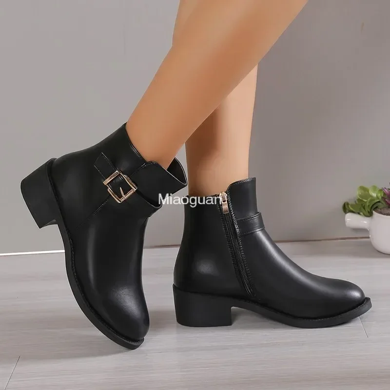 Short Belt Buckle Side Zipper 2025 New Thick Heeled with Plush Thickened Women's Boots British Style Fashion Boots Casual Shoes