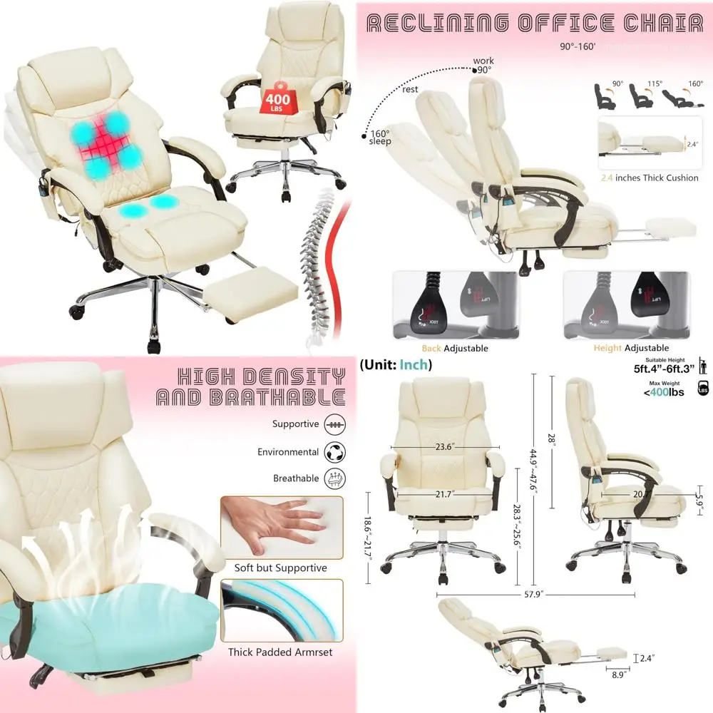 Эргономичное офисное кресло с откидной спинкой и подогревом и вибрацией для тяжелого использования до 400 фунтов