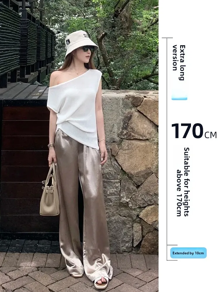 

Длинные атласные брюки с высокой талией и широкими штанинами для женщин, свободные, струящиеся, летние, прямого кроя, с эластичным поясом, в корейском стиле