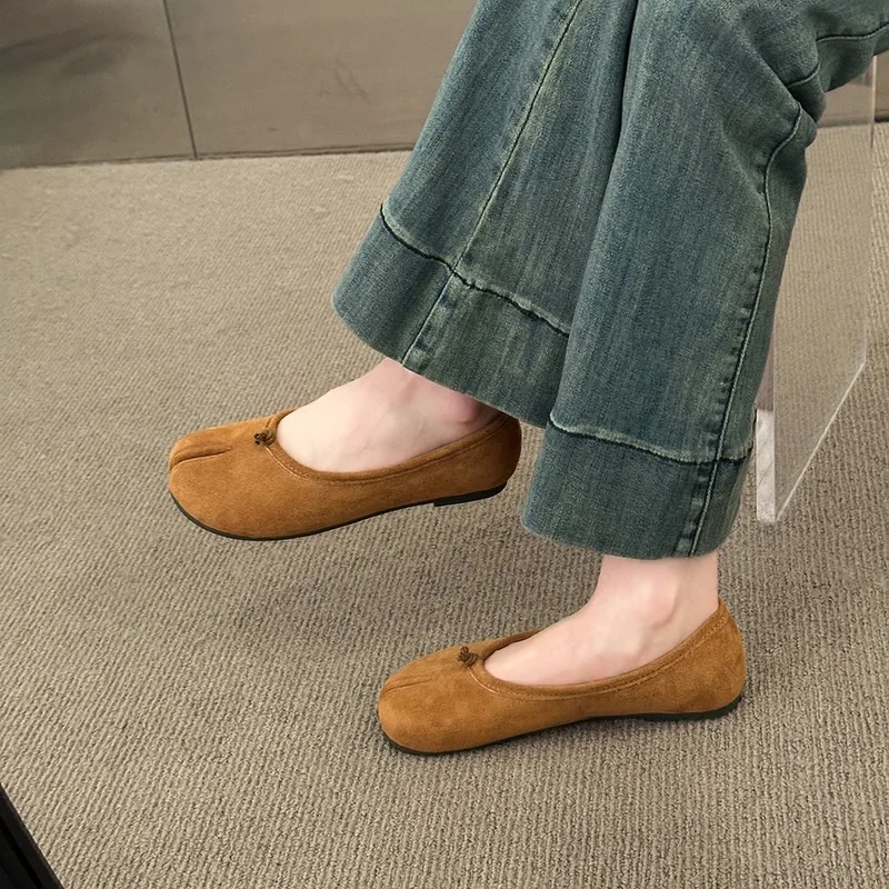 موضة سبليت تو حذا فردي للسيدات خريف جديد جولة تو الجلد المدبوغ الانزلاق على لينة وحيد مقاومة للاهتراء حذاء مسطح #3