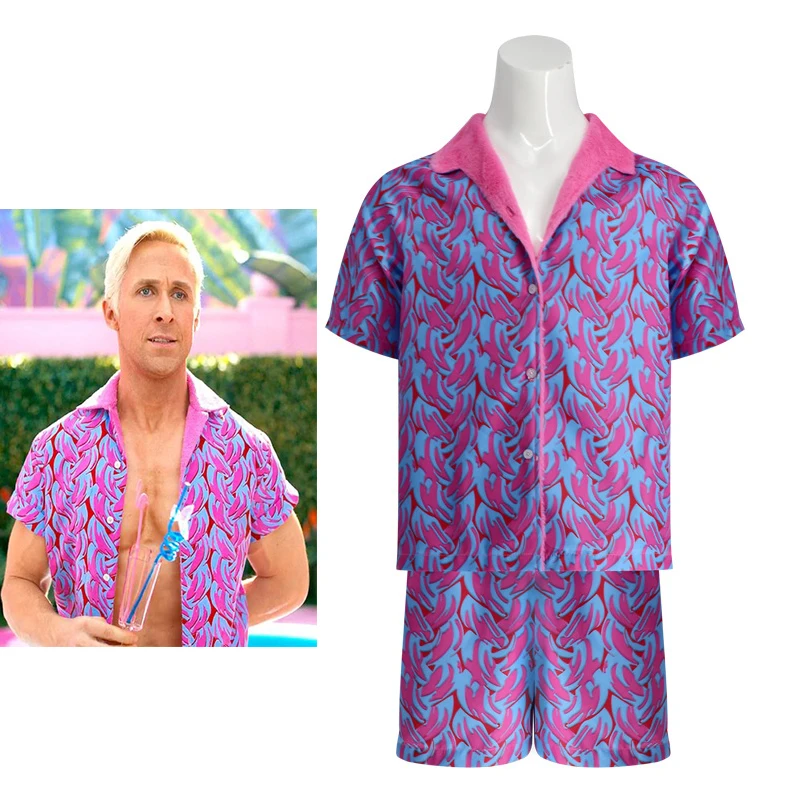 

Barbier Ken Ryan Gosling Cosplay Pink Plush Collar Shirt Men Halloween Hawaiian Printed Button T-shirt Shorts Party Beachwear