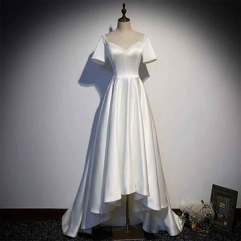 

Customized Evening Dress White Satin Beads V-neck Short Sleeves A-Line Floor-Length Lace Up Plus size Woman Party Formal Gowns