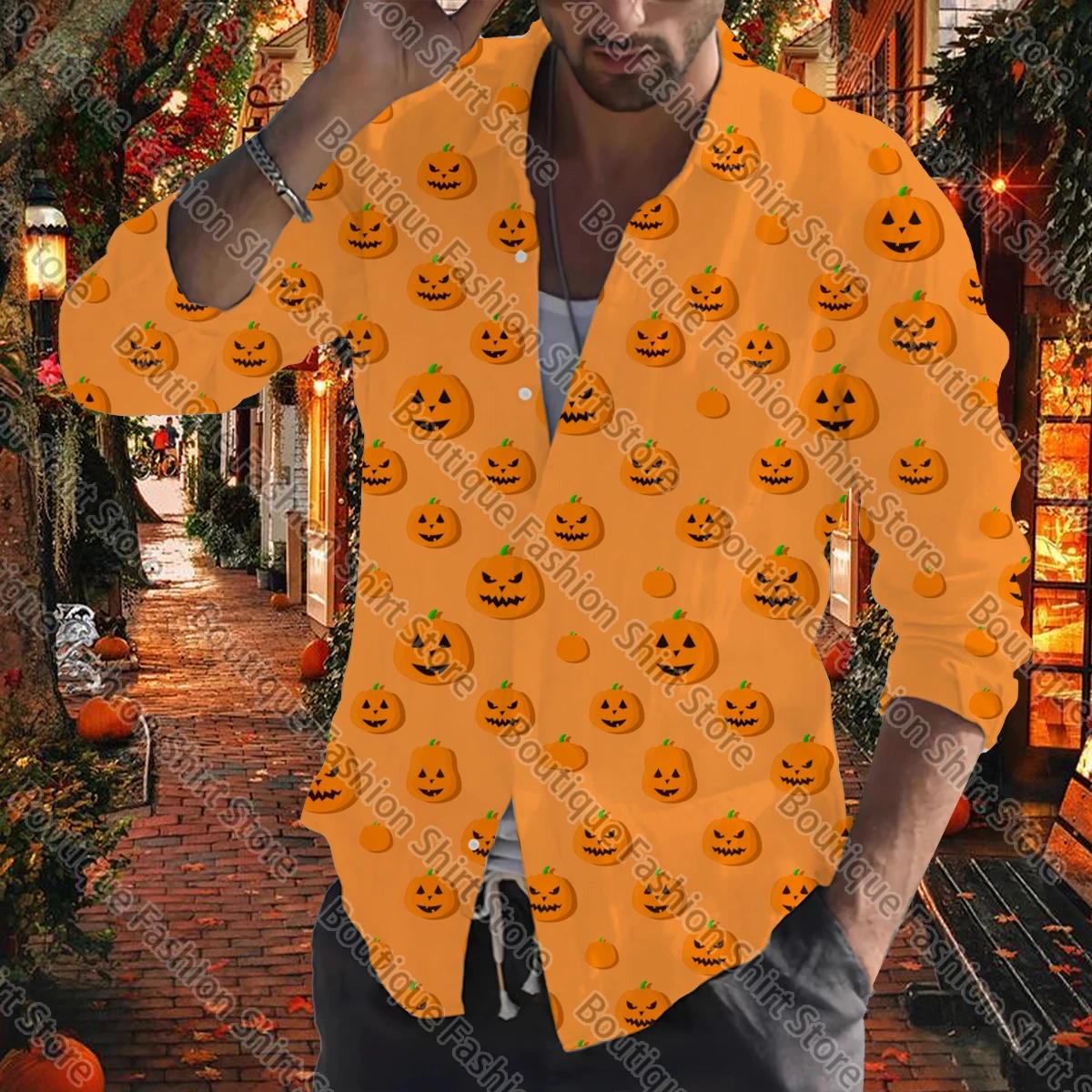 Camisas de Halloween para hombres, top de fiesta al aire libre de calle, botones de manga larga, solapa, suave y cómodo, Otoño e Invierno