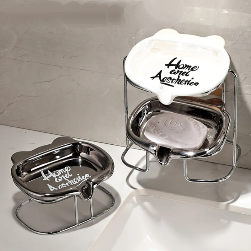 

Ceramics Soap Dish Wall Mounted Double Layer Bear Shape Drain Soap Holder Box Luxury Bathroom Accessories Storage Rack