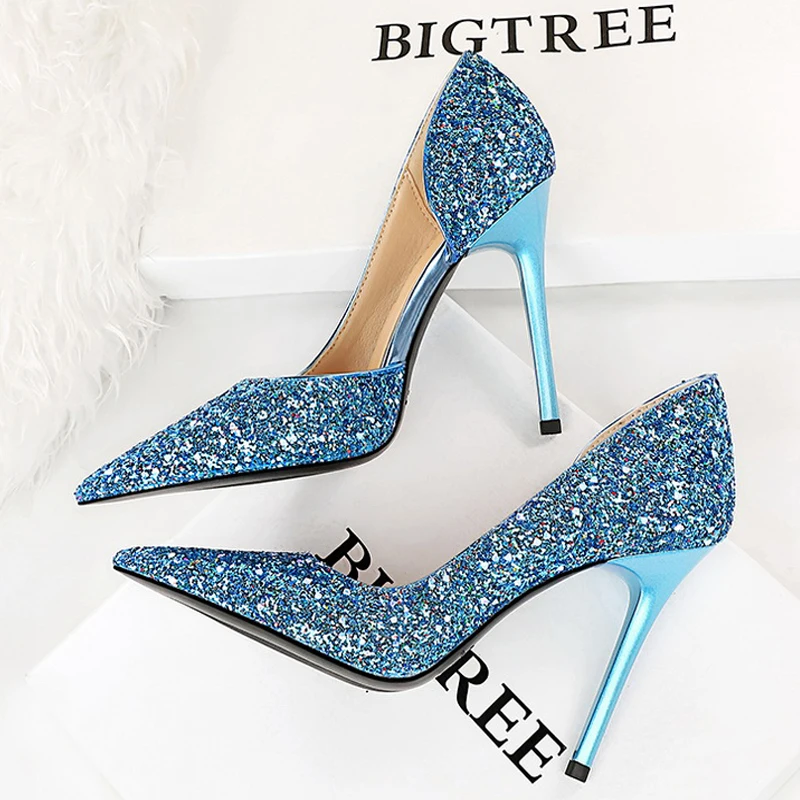 Women 7cm 10.5cm Super High Heels Blue Gold Pumps Sexy Sequins Bling Low Heels Lady Scarpins Luxury Stiletto Sparkly Party Shoes
