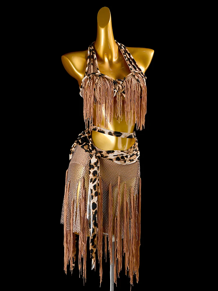 ET коричневое двухсекционное платье для латинских танцев, женское платье для соревнований с открытой спиной, танцевальное спортивное платье с бахромой и кристаллами в сетку