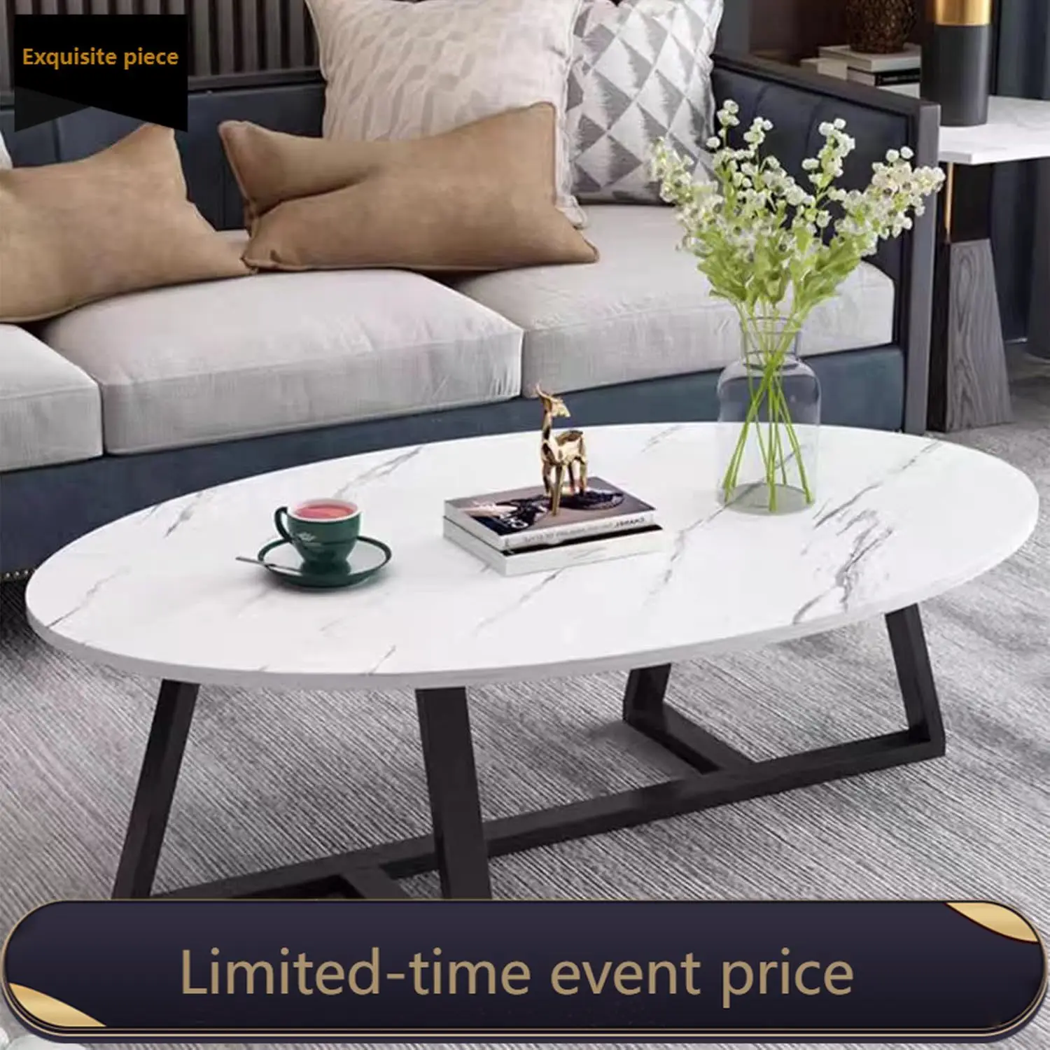

Овальный журнальный столик с белой столешницей под мрамор, современный чайный столик для гостиной, компактный деревянный приставной столик с черными металлическими ножками