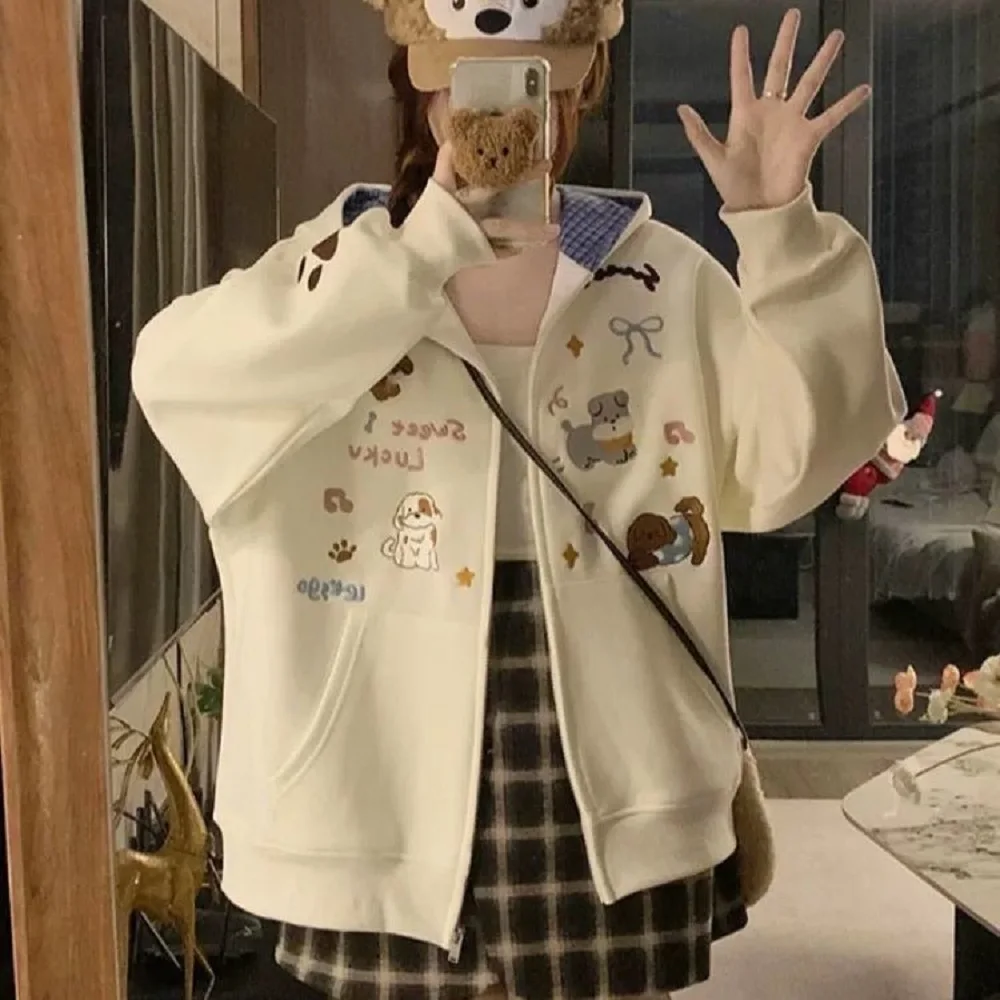 

Retro Cartoon Puppy Embroidered Plaid Hooded Sweatshirt Cardigan Women Ins Niche Design Sweet College Loose Jacket