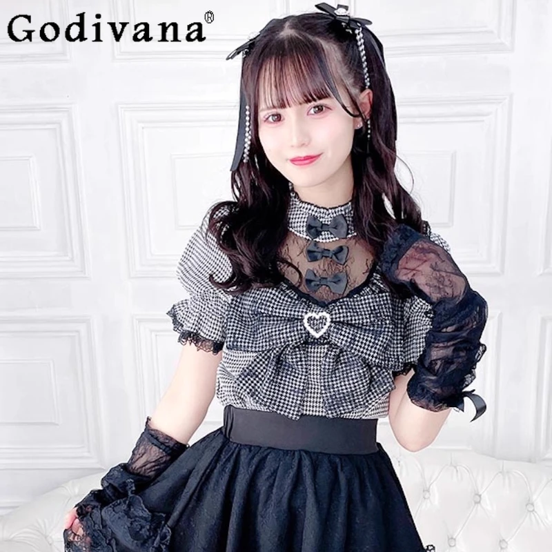 

Japanese Mine Mass-Produced Lace Bow Bubble Short Sleeve Shirt with Lace Sleeves Girls Women's Sweet Cute Lolita Blouses Tops