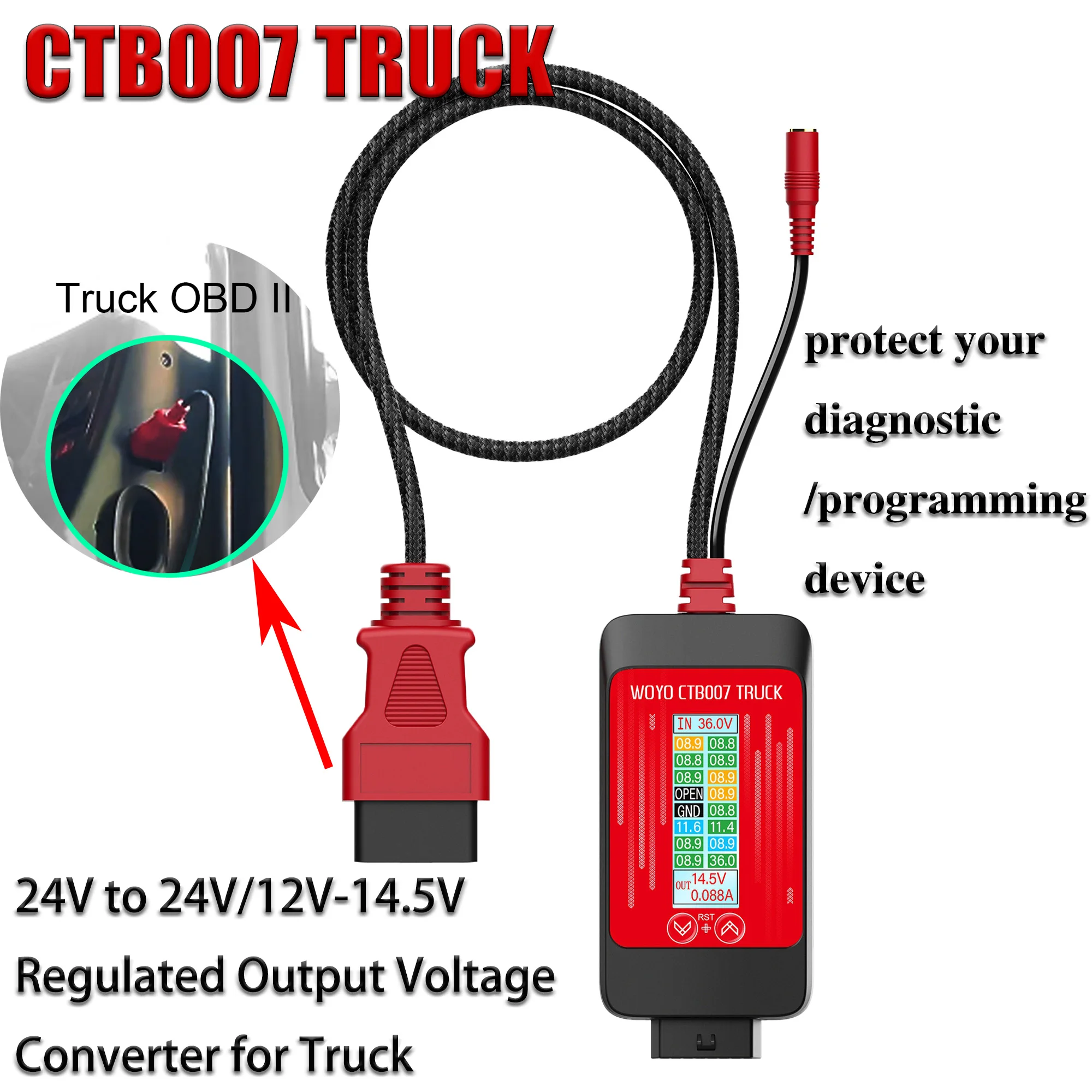 TRUCK Regulated Output Voltage Converter 24V to 24V/12V-14.5V Compatible with Diagnostic Protocol LED View Vrms of 16PINs CTB007