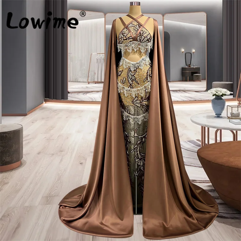 

2023 Robe Luxury Beaded Crystals Long Evening Dresses See Through Celebrity Dress Women Party Gown For Weddings Cape Sleeves