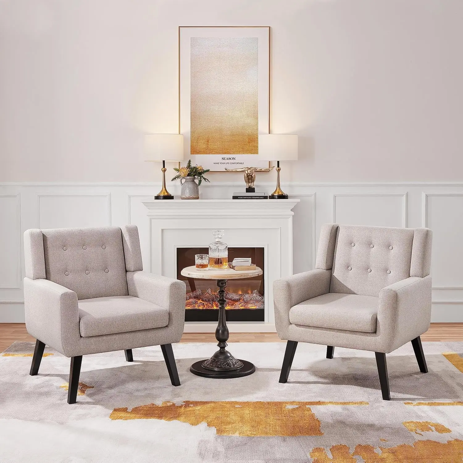 Beige Accent Chairs Set of 2, Living Room Furniture, Upholstered Side Chair with Padded Seat, Lounge Reception, Customized