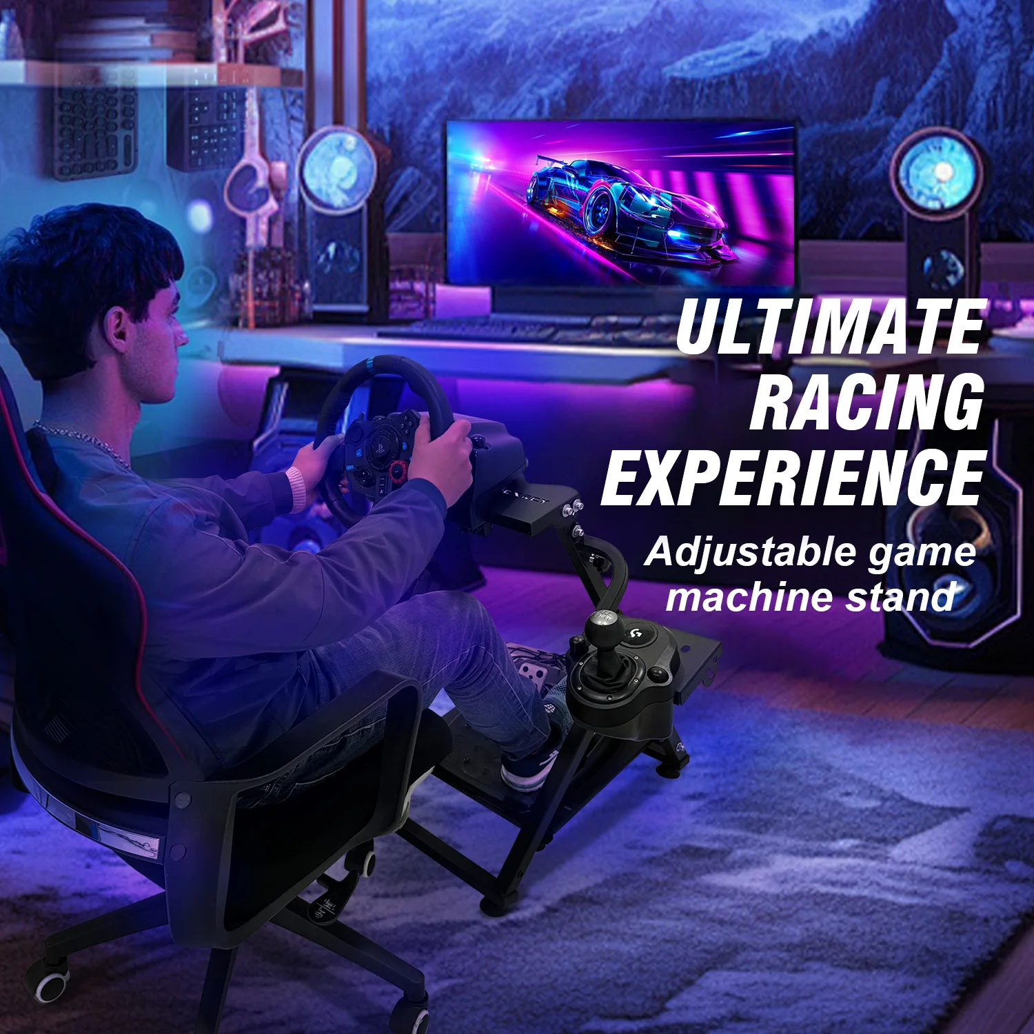 حامل عجلة محاكاة السباق العالمي القابل للتعديل مع هيكل مثلث قابل للطي، عجلة قيادة مريحة للألعاب المدمجة