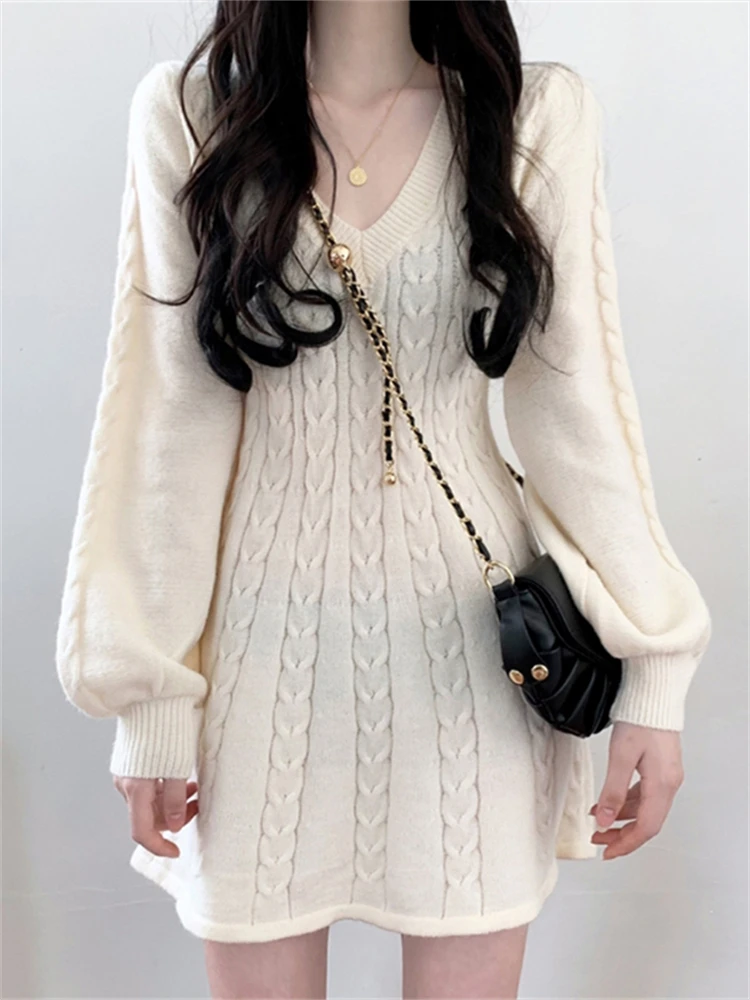 

Korean Version Chic Autumn And Winter New Item Lantern Long Sleeved Waist Cinched V-Neck Small Knitted Dress Women's Sweater