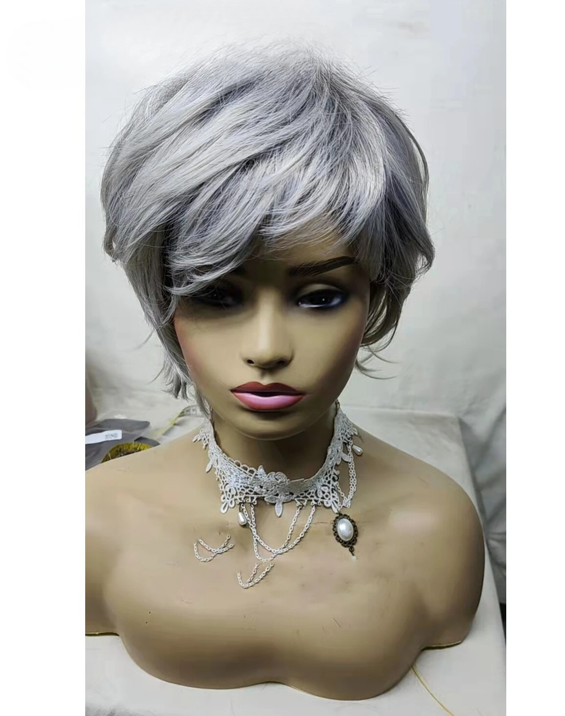 

Women Short Ombre Grey Wigs Pixie Cut Wig Straight Wave Layered Hair Synthetic
