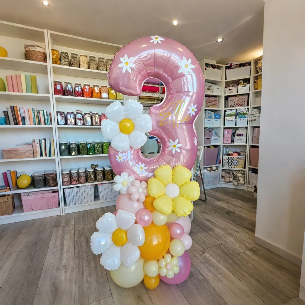Conjunto de balões digitais rosa Maka com balão de folha de alumínio de margarida amarela adequado para festa de aniversário e decoração de aniversário