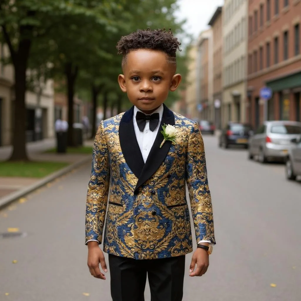 Floral Suits for Boys Double Breasted Kids Jacket with Pants Two Pieces Set Navy Blue Pattern Wedding Fashion Children Suit