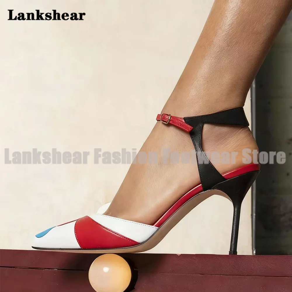 

Artistic Color Block Stiletto Heels Sandals Ankle Strap Chic Design Women Shoes Summer Pointy Toe Sandalias De Mujer Verano