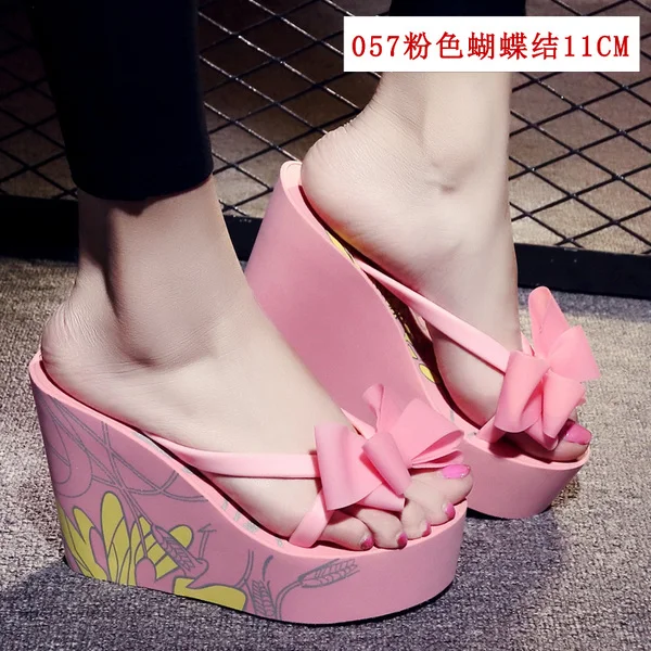 High-Heeled Shoes Lady Slippers Flat Slides On A Wedge Platform Rubber Flip Flops Hawaiian PU Fabric Rome Super High-Heeled Shoe