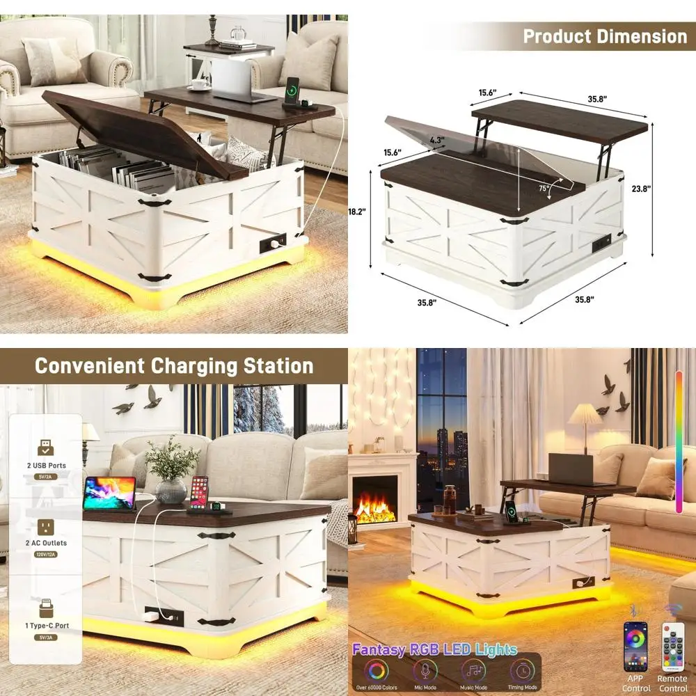 

Журнальный столик со светодиодной подъемной столешницей и местом для хранения вещей, квадратный деревянный стол для гостиной, розетки, светодиодные фонари, большой размер