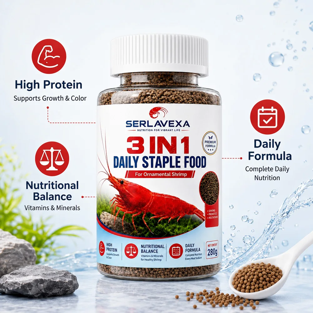 SERLAVEXA 280g Shrimp Food Pellets 3 in 1 Balanced Daily Nutrition Feed for Cherry Crystal Amano Ornamental Aquarium Shrimp