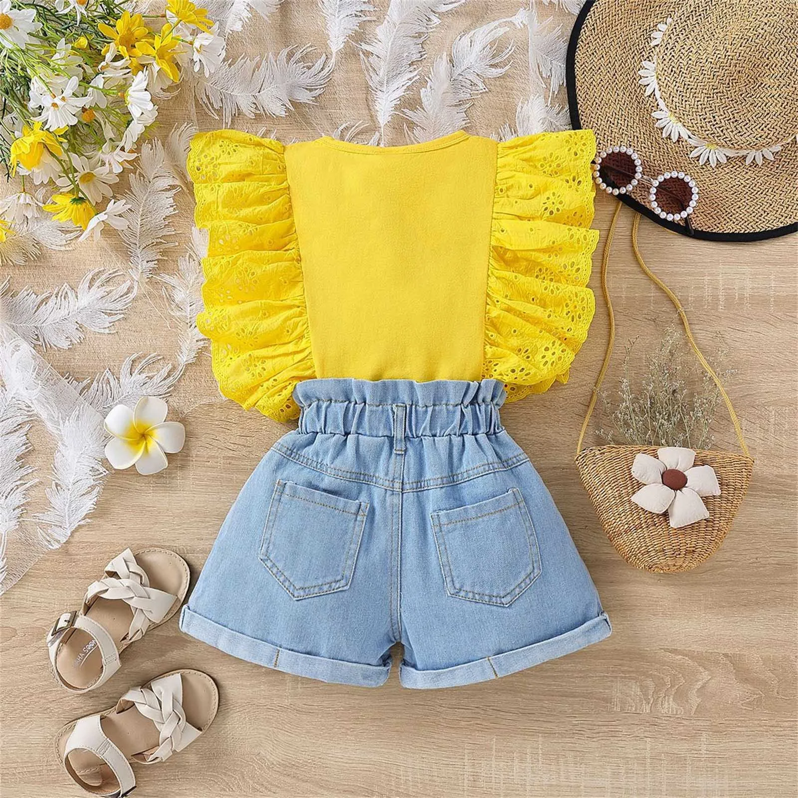 Kids Girls Clothes Set Summer Solid Cotton Ruffle Sleeveless Vest Jeans Shorts Outfits Children Clothing Girl 5 6 7 8 9 10 Years