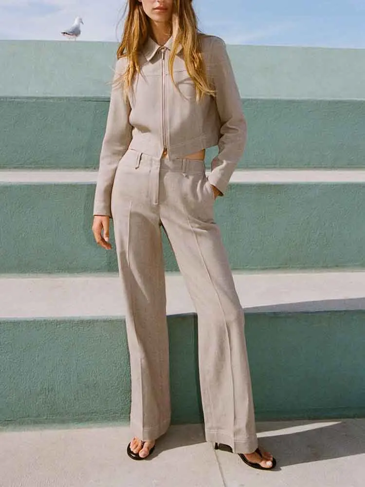 

European style new women's fashion herringbone twill minimalist long-sleeved lapel short jacket straight trousers suit