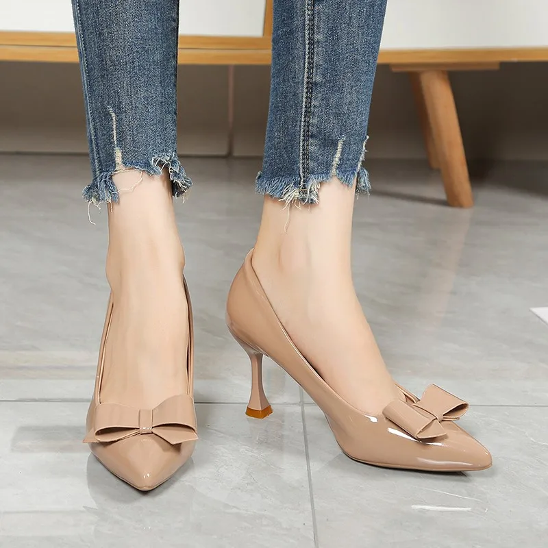 

Туфли на шпильке с бантом, осень 2023, новые нескользящие туфли на высоком каблуке без шнуровки с острым носком и неглубоким носком