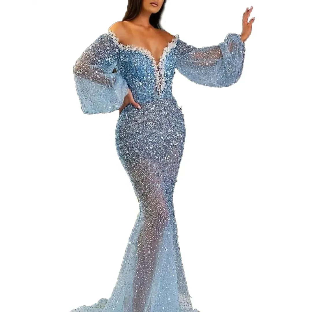2024 New Spring Summer Women\'s Clothing European Style Dress Elegant Splashed V-neck Transparent Fish Tail Evening Dress