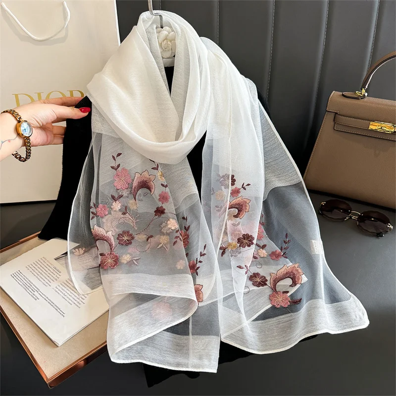 Luxury Shiny Lace Scarf Silk Women Hijab Soft Wool Shawls and Wraps Large Flower Thin Scarves Foulard Female Bufanda 2024 New