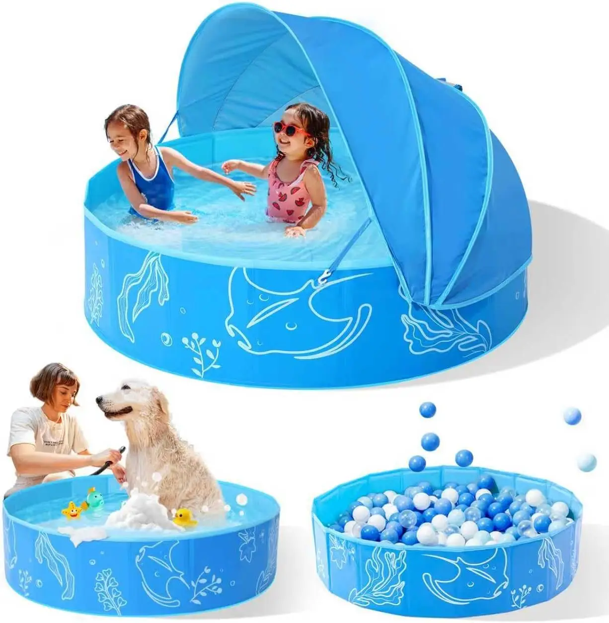 

47in Foldable Kiddie Pool with Canopy, Shade Water Play Pool for Baby Toddler Kids Family, Portable Blue Pool for Backyard Beach Outdoor