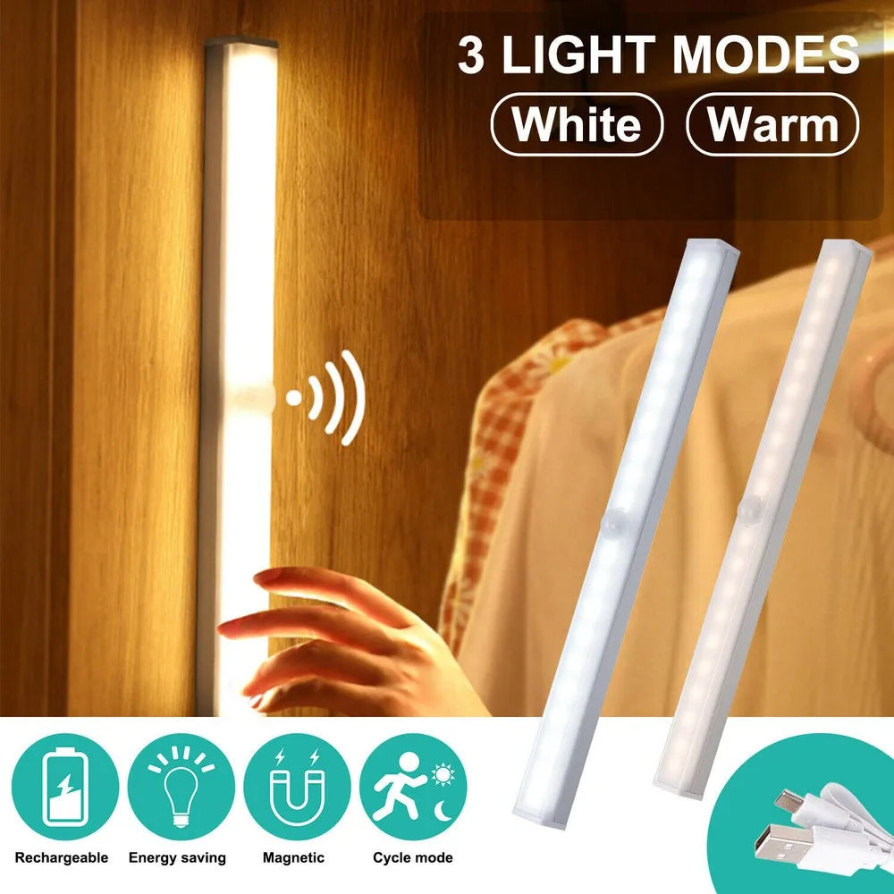 

Under Cabinet Lighting Wireless Closet Room Lamp LED PIR Motion Sensor 3 Color Dimmable Light Strip Closet USB Rechargeable