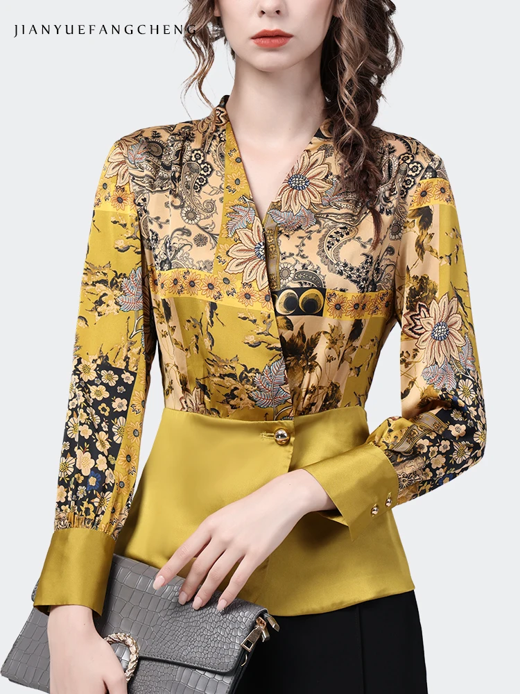 Gorgeous Yellow Satin Printing Blouse Women 2022 Autumn New Long Sleeve V-Neck Single-Button Shirt Elegant Slim Ladies Work Tops