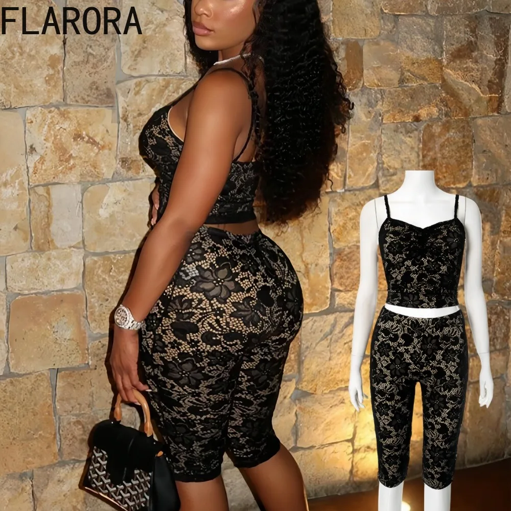 

FLARORA Sexy Black Jacquard Lace 2 Pcs Set Fancy Mesh Hollow Out Backless Top And Skinny Peach Hip Pants Suit Midnight Clubwear
