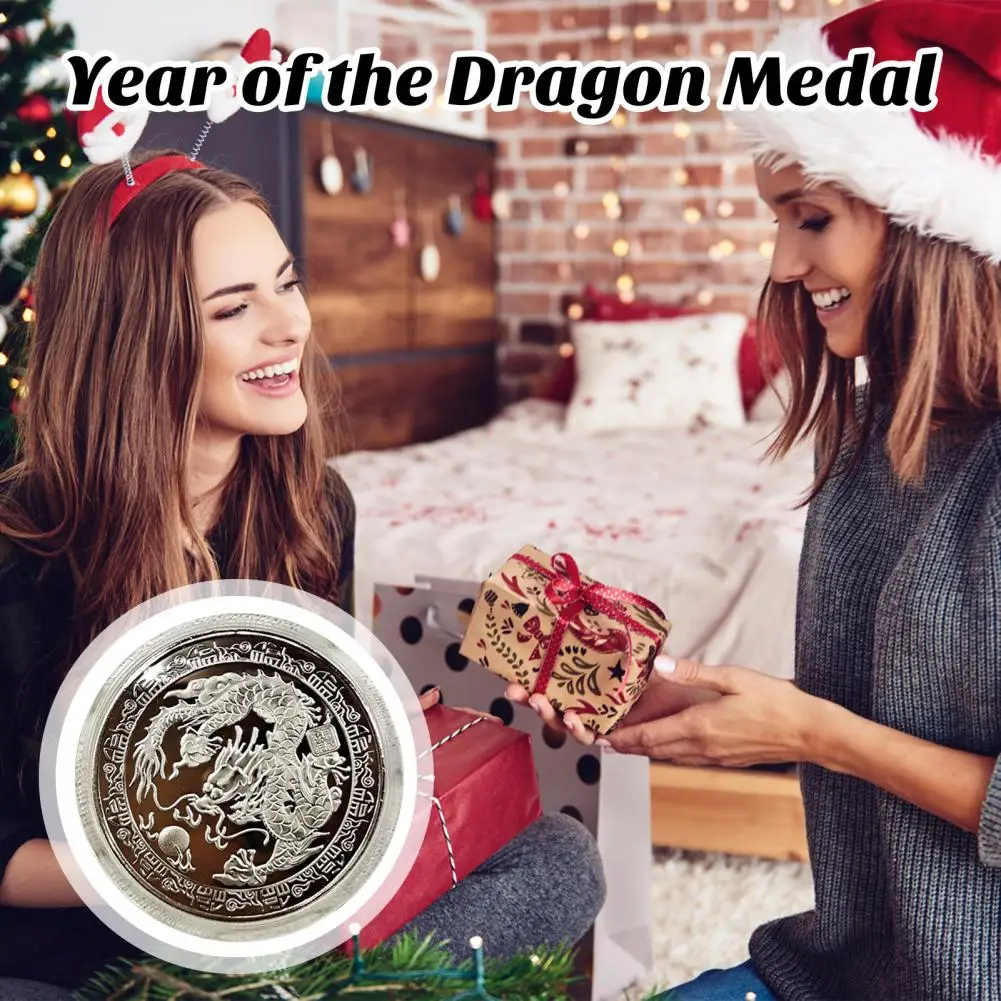 Good Lucky Dragon Coin Chinese Style Dragon Coin Dragon Year Souvenir Medal Golden Silver Metal Round Chinese Style Zodiac Coin