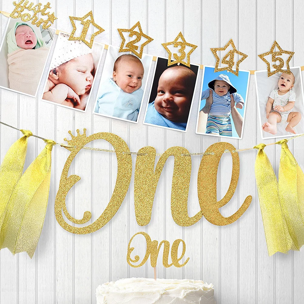 

Baby 1st Birthday Highchair Banner Golden Letter Garland Paper Streamer Baby Shower Decor Rustic Photo Prop High Chair