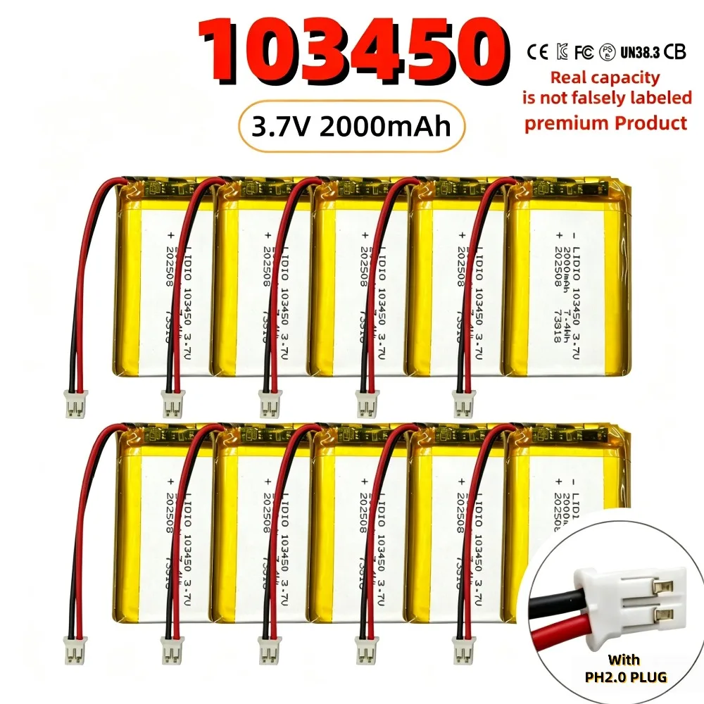 103450 3.7V 2000mAh Li-Po Battery 10x34x50mm With JST PH2.0 PCM Rechargeable For GPS Camera MP5 POS Bluetooth Speaker Walkie