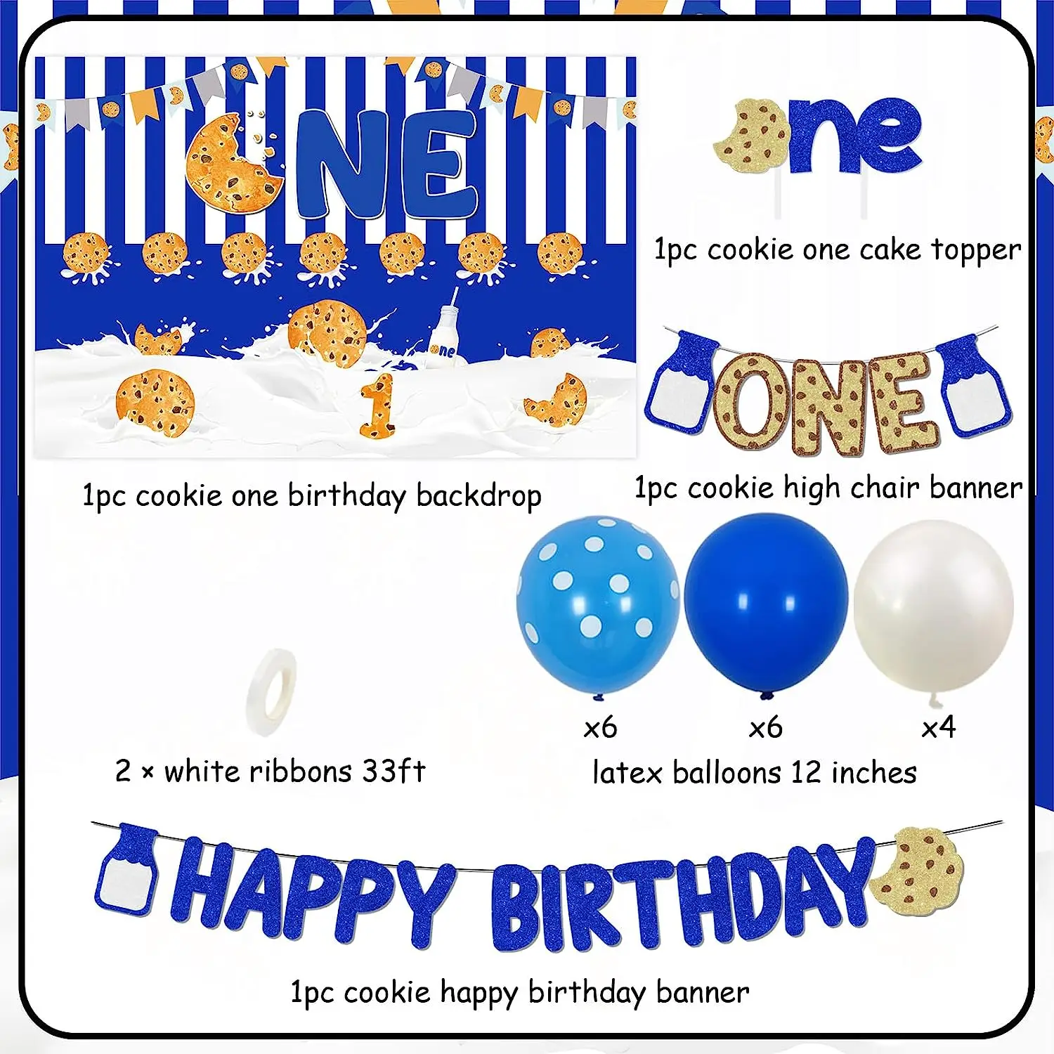 Happy Birthday Banner for Boys, Milk and Cookies 1st Birthday Party Decoration, Cookie One Backdrop