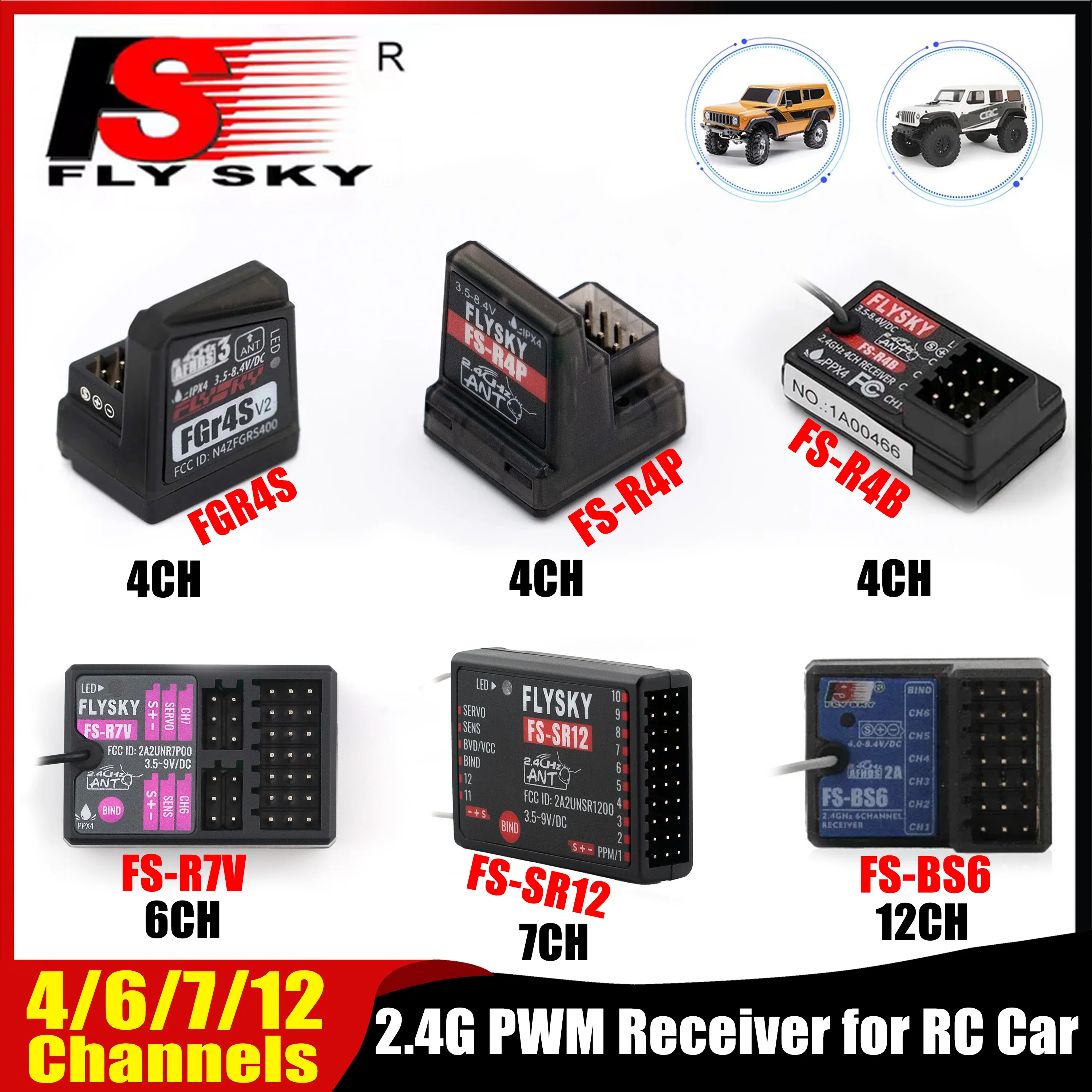 FLYSKY FS-R4P FS-R4B FGR4S BS6 FS-R7V FS-SR12 2.4GHz PWM Receiver 4/6/7/12CH for RC Car Vehicles Boat Airplane Robot Model Parts