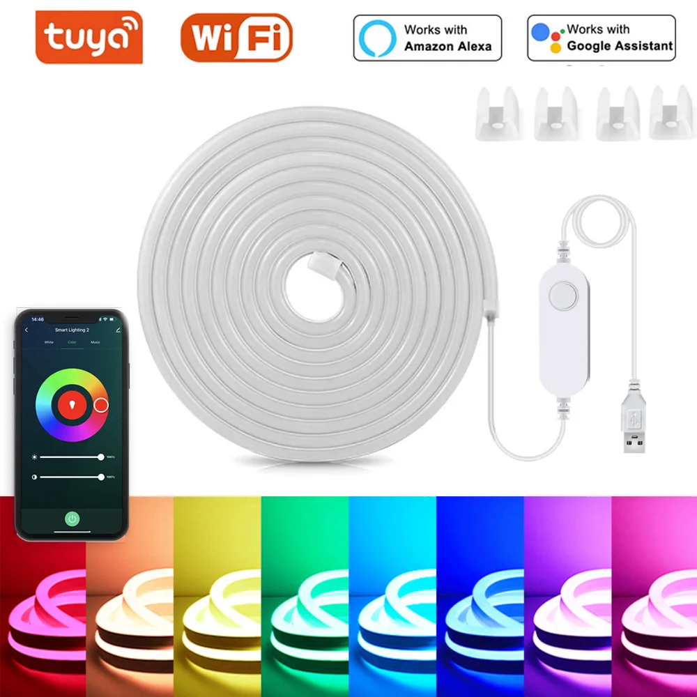 

5V USB RGB Neon LED Strip Light Smart Tuya WIFI APP Dimmable 1M-5M Waterproof Flexible Lights Home Decoration Work With Alexa