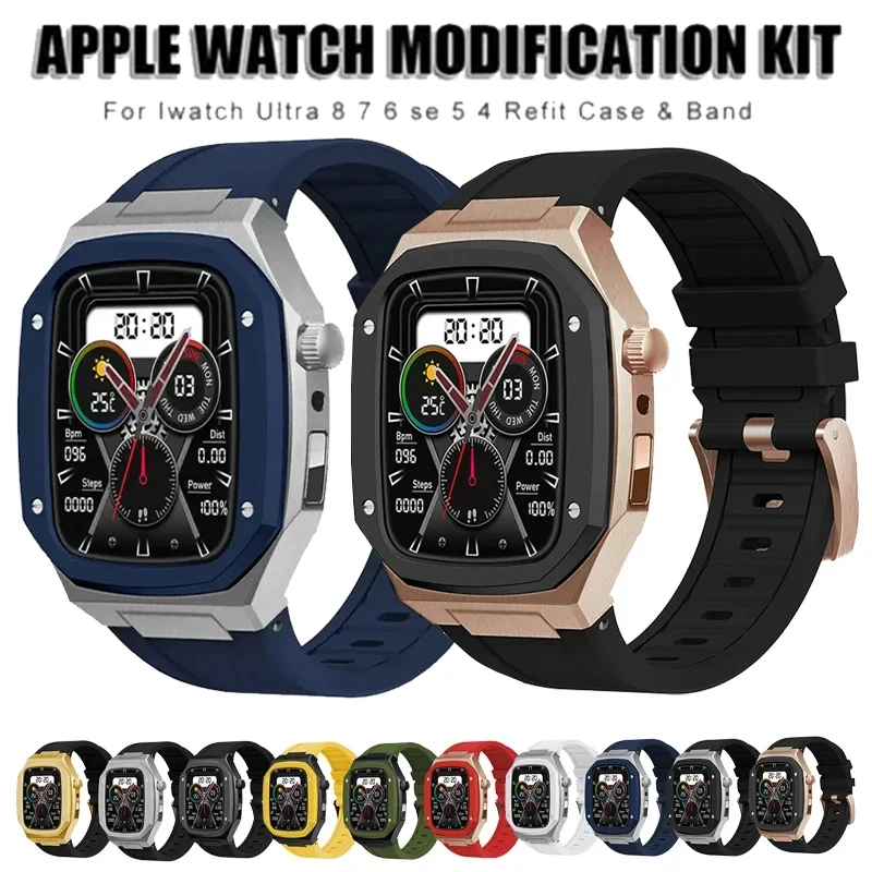 

Корпус из нержавеющей стали + резиновый ремешок для iWatch 9, 45 мм, 44 мм, комплект модификации силиконового ремешка для Apple Watch Series 9 SE 8 7 6 5 4