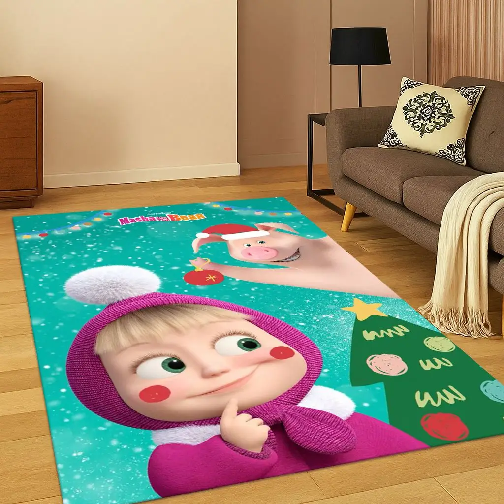 3D M-Masha and Bear Cartoon Carpet Rug for Bedroom Living Room Sofa Doormat Home Decor,Kid Game Area Rug Non-slip Christmas Gift