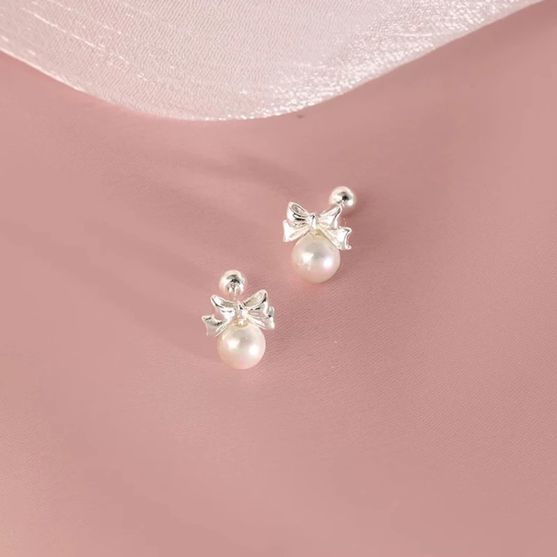 925 Silver Needle Artificial Pearl Bowknot Bead Screw Stud Earrings For Women Classic Fashion Jewelry Light Luxury Accessories
