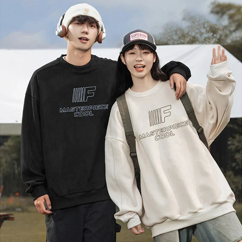 TFETTERS Brand Suede Baggy Sweatshirts for Men Autumn Winter New 2024 Letter Print Sweatshirt Male Outdoors Casual Oversize Man