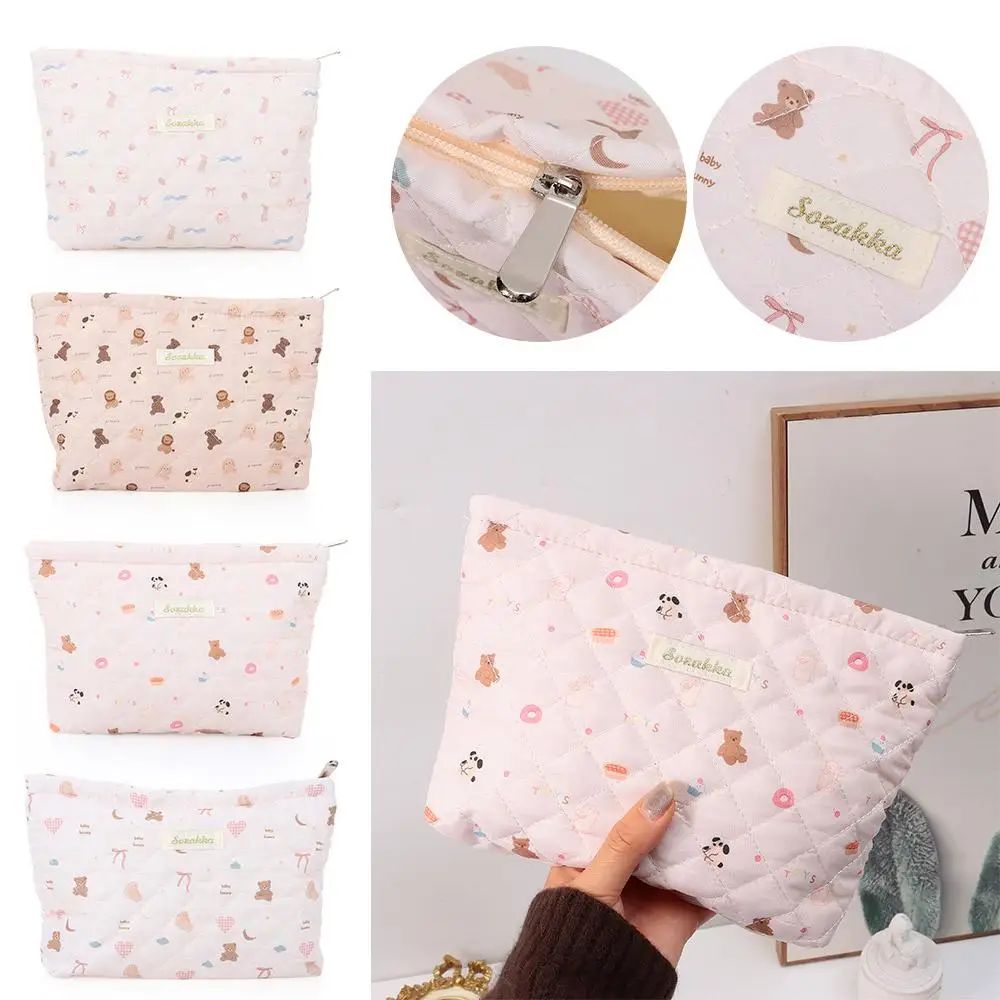 Bolsa de cosméticos acolchada de color rosa para mujer, estuche de maquillaje de tela de doble capa suave y transpirable, bolsos con cierre de cremallera, bolsa de mamá