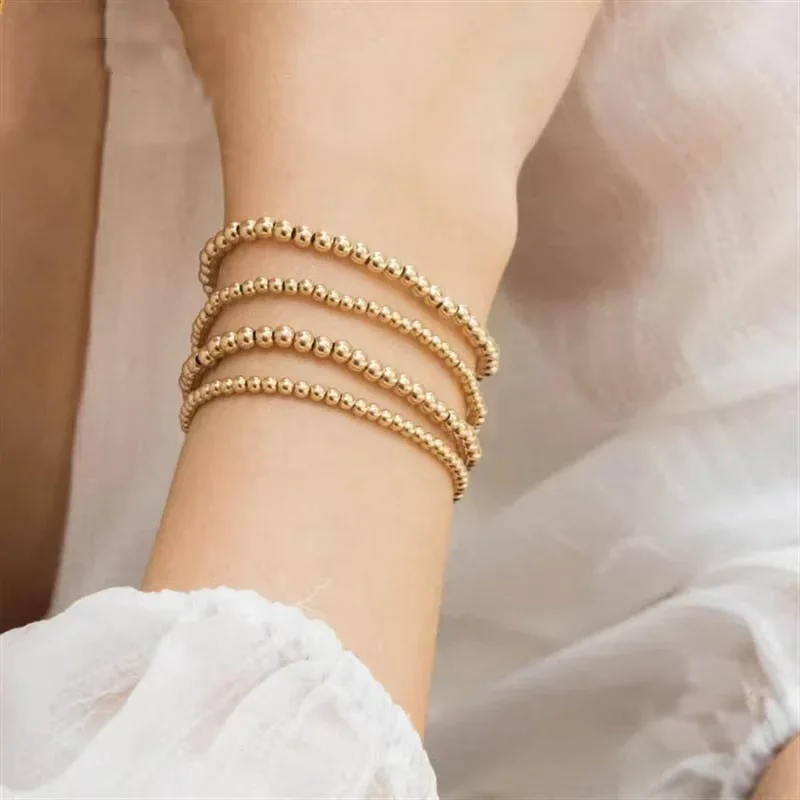 No Fade No Rust Beaded Bracelet 14K Gold Filled 3/4/5/6mm Seamless Ball Beads Bracelets Handmade Adjustable Boho Jewelry