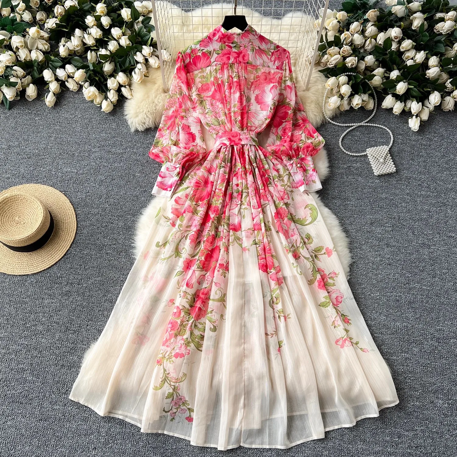 Holiday Style Women Summer Flower Print Fashion Stand Collar Single Breasted Lantern Sleeve Lace Up Bow Holiday Pary Dresses