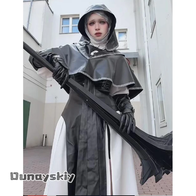 Panda Rich Cos*Night Gravekeeper Servant - Traje completo de cosplay con anillo, túnica larga negra, máscara de hueso, guadaña oxidada y capa fluida - Anime