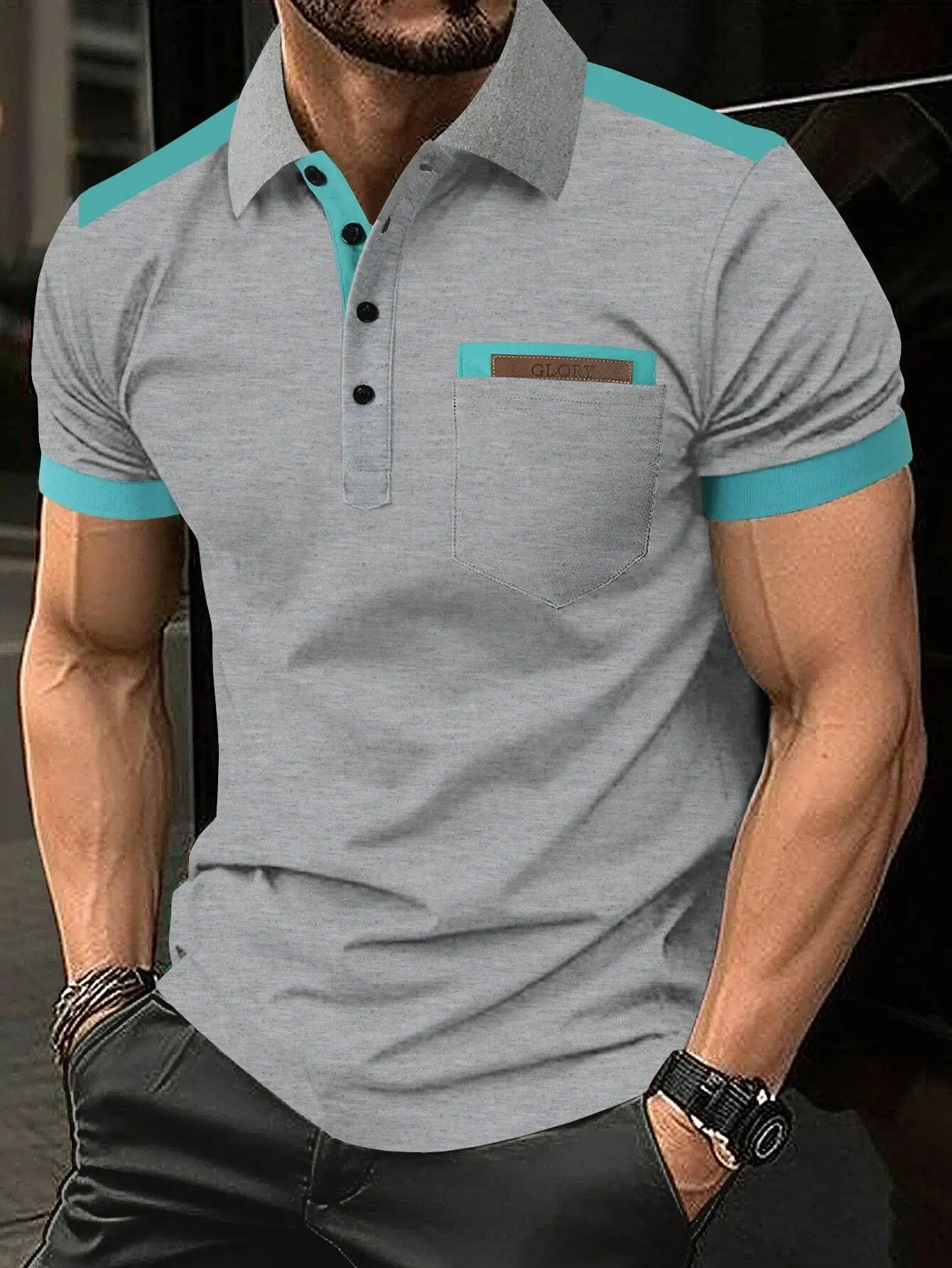

Men's Gray Color-Block Polo Shirt with Contrast Trim and Chest Pocket